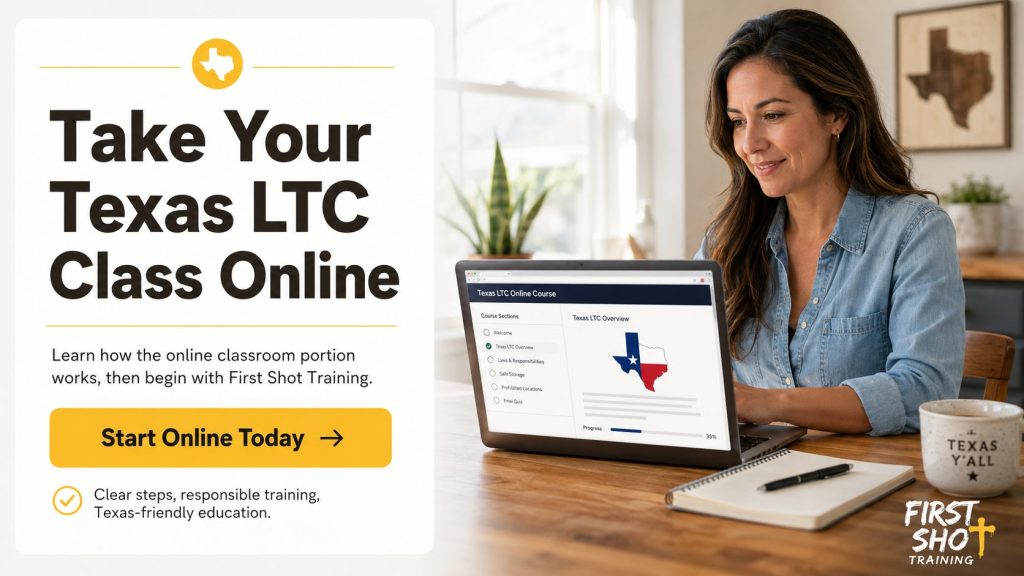 Texas student preparing to begin an Online Texas LTC Class after reading about carry concealed without LTC Texas.