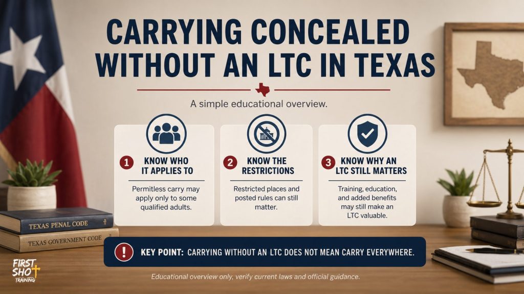 Educational checklist explaining carry concealed without LTC Texas in a Texas LTC training context.