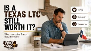 Responsible Texas adult reviewing LTC education materials.