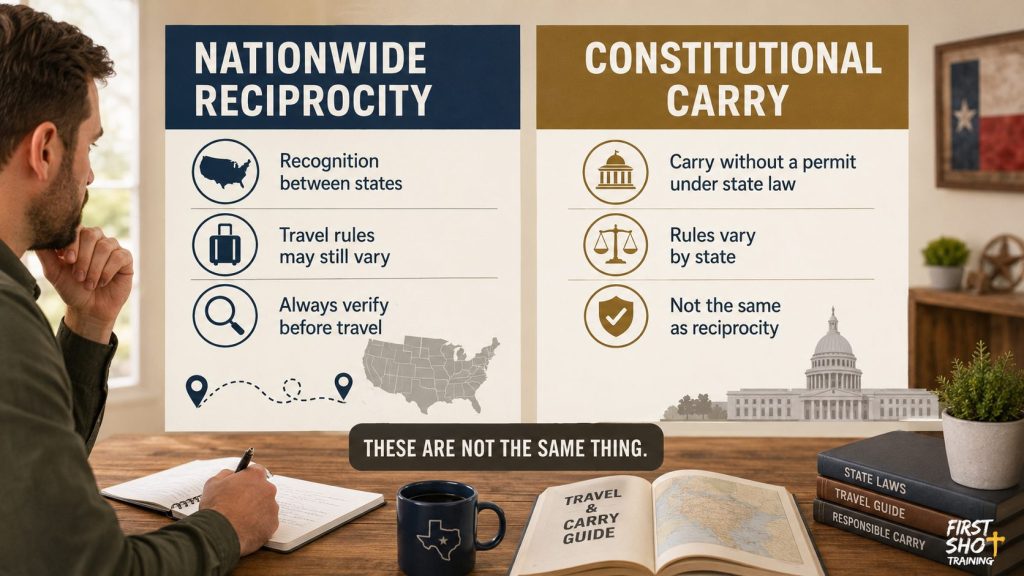 Educational checklist explaining nationwide reciprocity versus constitutional carry in a Texas LTC training context.