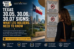 Responsible Texas adult reviewing Texas 30.05 30.06 30.07 signs information on a laptop.