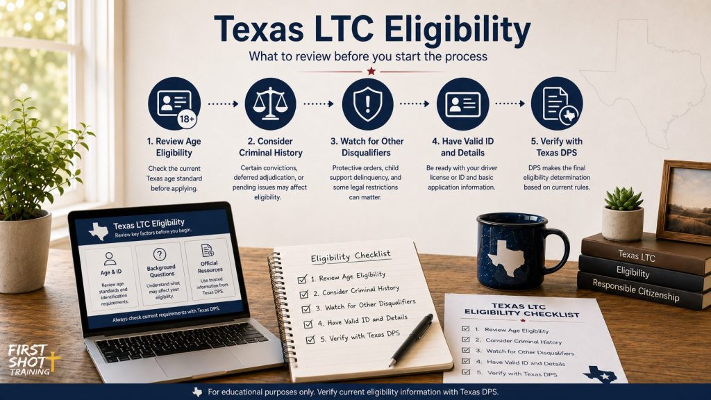 Checklist reminding Texas LTC applicants to review official sources.
