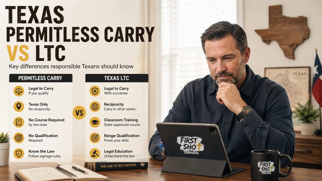 Adult reading a Texas permitless carry versus LTC education guide.